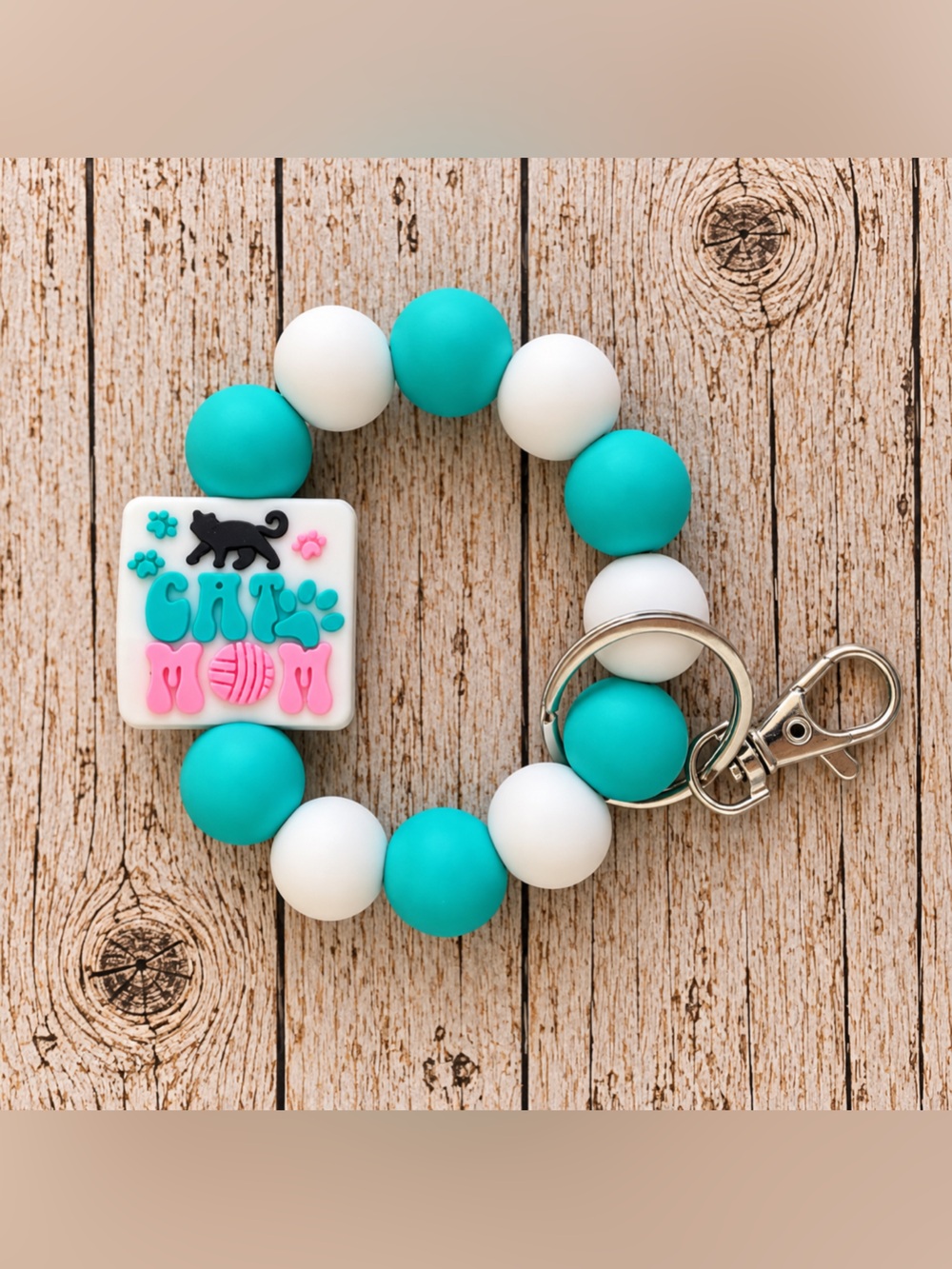 Cat MOM Turquoise & White Beaded Key Ring Bracelet
